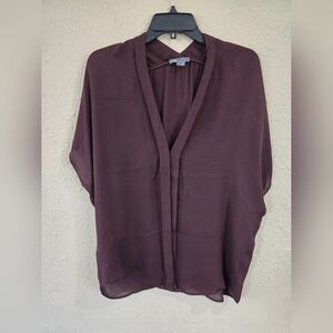 VINCE Cap Sleeve, Button Front Short Sleeve Silk Blouse, Burgundy, Size Medium